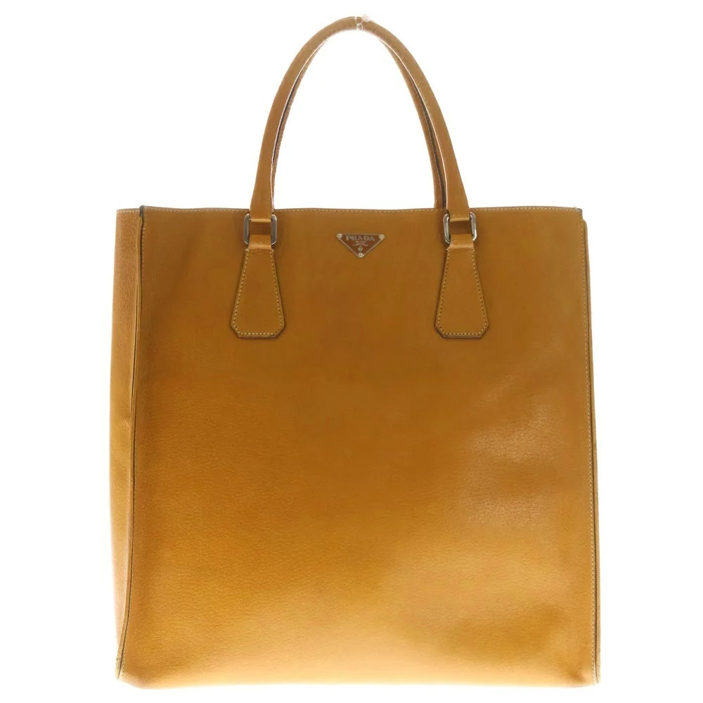 PRADA Leather Tote Bag Triangle Logo Shoulder Brown